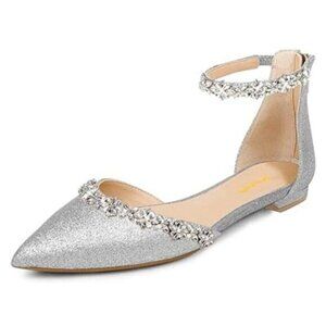 XYD Silver-glitter Pointed Toe D'Orsay Flat Sandals  Ankle Strap Shoes